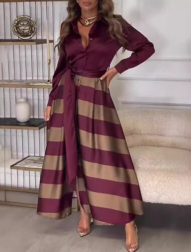  Femmes Robe Longue Maxi Robe Robe à carreaux Robe Chemise Robe évasée Élégant Quotidien Fête Sortir Coupe régulière Uni manche longue Col de chemise Noir Vin Printemps Automne