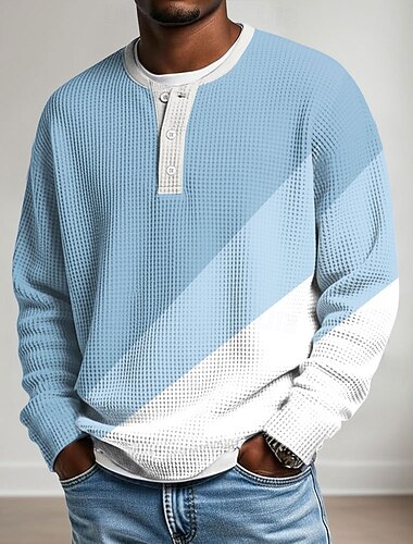  Herren Geometrisch Waffel-T-Shirt Henley Hemd Langarm Elegant Lässig Frühling Hellgrün Hellblau Purpur Khaki Henley Henley T-Shirt