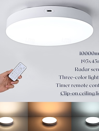  Wiederaufladbare 10000-mAh-USB-Radar-Induktions-Deckenleuchte mit dreifarbiger Dimmfunktion, Timer, Fernbedienung, Schnalle und Montage im Innenbereich (Wohnzimmer, Schlafzimmer, Treppenhaus, Foyer,