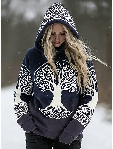  Damen Kapuzenpullover Patchwork Druck Fronttasche Grafik Geometrisch Vintage Lässig Langarm Mit Kapuze Normale Oberteile Lässig Straße Alltagskleidung Blau Marineblau Rote Purpur Grün Frühling Winter