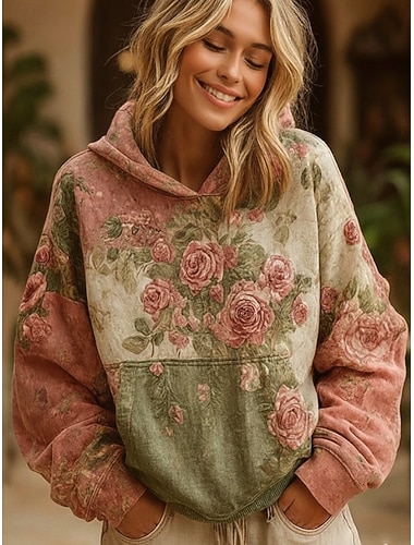  3D-Druck Vintage Boho Kapuzenpullover Damen Patchwork Kapuzenpullover Sweatshirt Floral Pullover Sweatshirt Lässig Kapuzen Street Alltagskleidung Patchwork Druck Vordertasche Pink Lila Grün Frühling