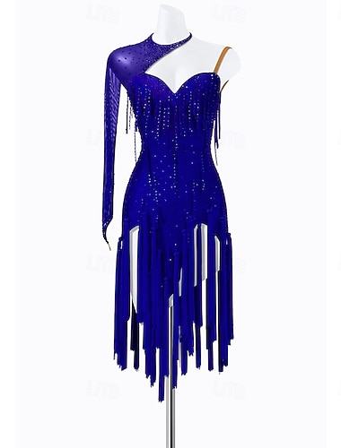  Robe de danse latine bleu roi à franges et strass pour femme - costume de bal asymétrique à manches longues