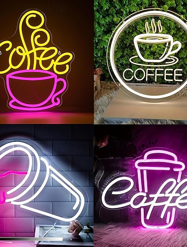  Enseigne lumineuse LED néon café, dimmable, alimentée par USB, colorée, pour intérieur chambre, restaurant, café, mur, créative, en forme d'alphabet, décorative.