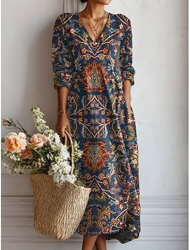  Dames Midi Jurk Linnenachtig Ademend Lichtgewicht Zomerkleed A-lijn Jurk Vakantie Casual Boho Vakantie Reguliere Pasvorm Graphic Geometrisch Kleurblok Lange Mouwen V-hals Marineblauw Rood Groen Zomer