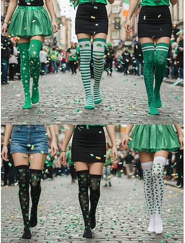  Grønne knehøye sokker til dame i anledning St. Patricks dag med kløvermotiv – perfekte for festlige feiringer og høytidsklær