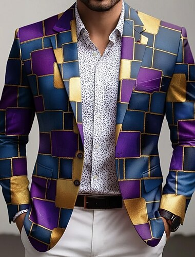  Herre Fargeblokk Geometrisk Blazer jakke Frakk Bekvem Pustende Kunstnerisk Fritid Avslappet Daglig Festkveldsklær 3D-utskrift Knapper Multi lomme Alle årstider Med hakk Langermet Rød Lilla Ametyst