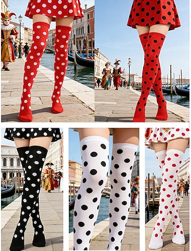  Kvinnes Mardi Gras 5-Pack Prikkete Over-Kne Sokk Fargerike Karneval Kostymesokker Støytende Retro Feststrømper Festivaler  Maskerade Feiringer