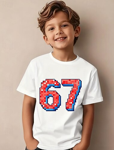  Baumwolle Kinder Jungen Schwarz Weiß Grafik Lustiger Slang 67 T-Shirt Bluse Rundhalsausschnitt Kurzarm Outdoor Alltagskleidung Mode Streetwear Designer Drucken Sommer