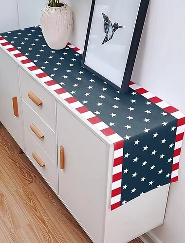  1 stuk tafelloper van 33 cm x 275 cm, blauw en wit sterrenpatroon, thema Onafhankelijkheidsdag (4 juli), patriottische keukendecoratie voor feestjes.