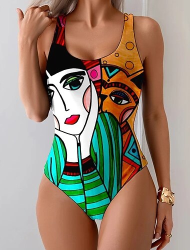  Womens One Piece Swimsuit Slankende Monokini Trusser Mavekontrol Høj Talje Slank Rygfri Ferie Vintage Ombre Grafisk U-Hals Ærmeløse Badedragter