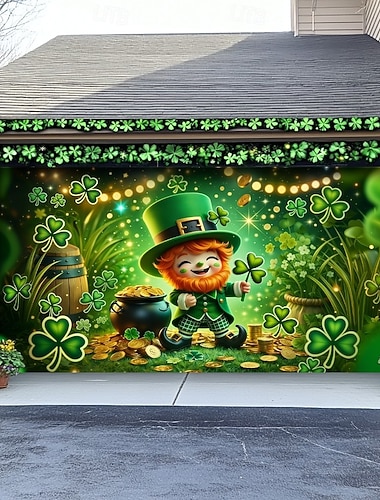  Garagentorabdeckung zum St. Patrick's Day, fröhliches Koboldmotiv, Kleeblätter &Goldmünzen-Thema, festliche Außendekoration zur Feier des St. Patrick's Day.