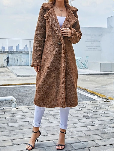  Damen Wintermantel Teddymantel Mantel Winddicht Warm Patchwork Knöpfe Elegant Mode Lässig Einfach Täglich Outdoor Straße Lang Revers Normale Passform Langarm Oberbekleidung Kaffee Herbst Winter