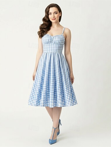  Rockabilly Middag En linje kjole Spaghetti Snorer Trang og vid passform Kostyme Dame Karneval Valentinsdag Avslappet Ball Retro-temafest Voksne Kjole Sommer Vår