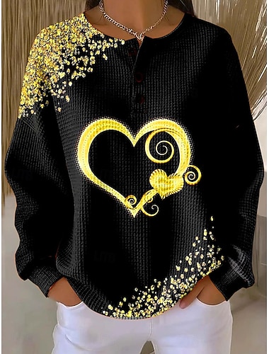  Damen Pullover Sweatshirt Knöpfe Druck Herz Grafik Vintage Lässig Langarm Rundhalsausschnitt Normale Oberteile Lässig Straße Alltagskleidung Blau Gelb Rosa Grün Frühling Herbst Winter