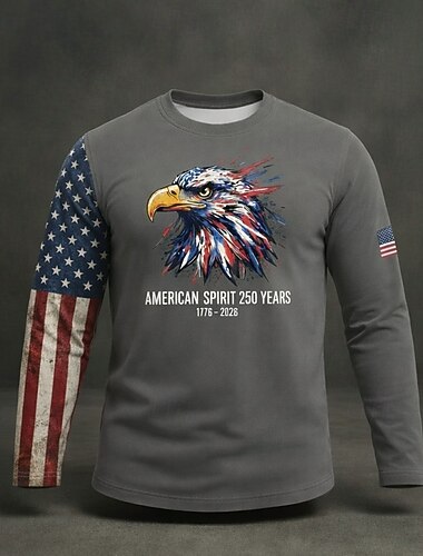  Amerikas 250-årsjubileum Herre Grafisk Flagg Ørn T skjorte T-skjorte Langermet skjorte Langermet T skjorte 3D-utskrift Crew-hals Skjorte Mote Daglig Grunnleggende Daglig Feriereise Gate Navybl
