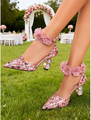 Dameshakken met bloemenprint, puntige neus, hak met kristallen bubbels en enkelbandje met bloemenmotief, stijlvolle schoenen voor bruiloftsgasten, perfect voor in de tuin &gazonceremonies