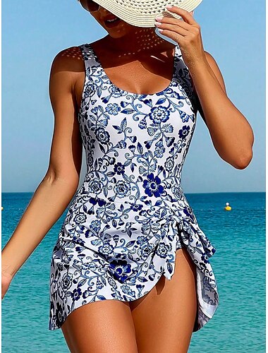  Mujer Traje de Baño de Una Pieza con Falda Monokini Corte Alto Control de Abdomen Cadera Alta Ajustado Espalda Descubierta Ropa de Playa de Vacaciones Gráfica Floral Vintage Cuello U Sin Mangas
