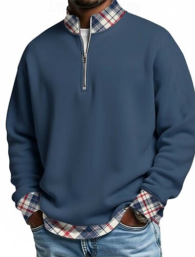  Herr Rutig Våffelpikétröjor Pikétröjor med dragkedja Långärmad Polotröjor farfars krage Ledigt Skola Fritids- Helgdag Dagliga kläder 3D-utskrift Quarter Zip Polo Vår Höst Blå Rubinrött Marinblå