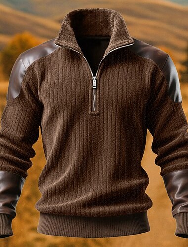  Herren Sweatshirt Pullover Kapuzensweatshirt Viertelreißverschluss Sweatshirt Rippenstrick Braun Hoher Ausschnitt Stehkragen Einfach Patchwork Strukturiert Lässig Täglich Sport & Outdoor Streetwear