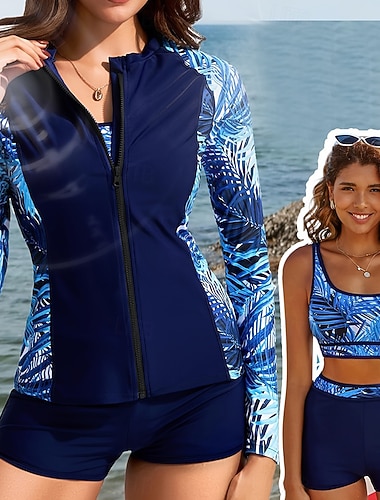  Maillot de bain femme bikini 3 pièces fermeture éclair devant shorts palmier contrôle du ventre taille haute slim dos nu vêtements de plage de vacances floral col rond à manches longues