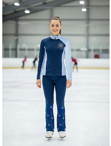  Kunstschaatsjack met broek Dames Voor meisjes Schaatsen Outfits Marine Blauw Lapwerk Spandex Hoge Elasticiteit Professioneel Opleiding Oefenen Kunstschaatskleding Thermisch Warm Klassiek Kristal