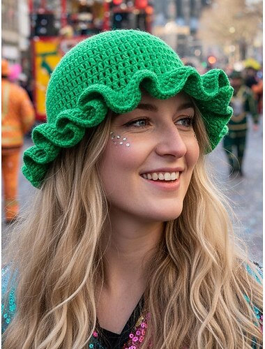 Vrouwen Haak Ruffle Buckethat voor Mardi Gras - Multikleurige Regenboog Gebreide Festivalcap voor Carnaval Kostuumfeest en Boho Chic Stijl