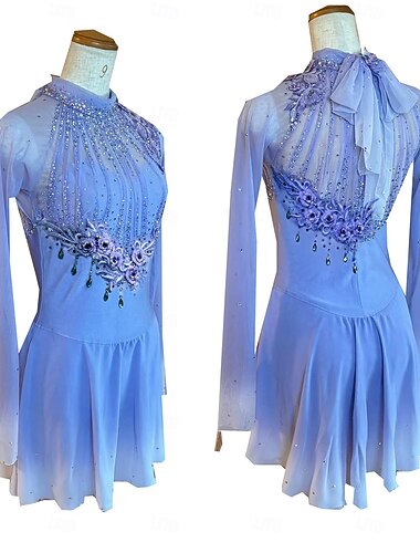  Kunstschaatsjurk Dames Voor meisjes Schaatsen Jurken Hemelsblauw Duimopening halo-verf Hoge Elasticiteit Professioneel Wedstrijd Kunstschaatskleding Thermisch Warm Kristal / Bergkristal Lange mouw