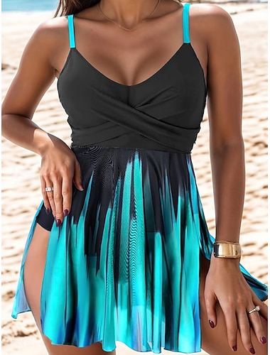  Női tankini 2 részes fürdőruha merész hasformáló magas derekú karcsúsított hátsó nélküli nyaralás strandruha ombre grafikai V-nyakú ujjatlan fürdőruha