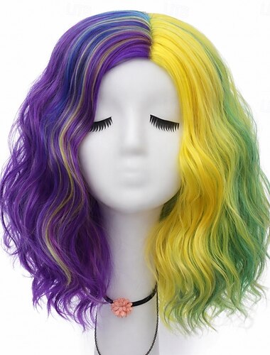  Parrucca di Carnevale Viola Verde Gialla Riccia Corta Sintetica Parrucca per Festival Mardi Gras Parata Costume Cosplay Capelli per Donne