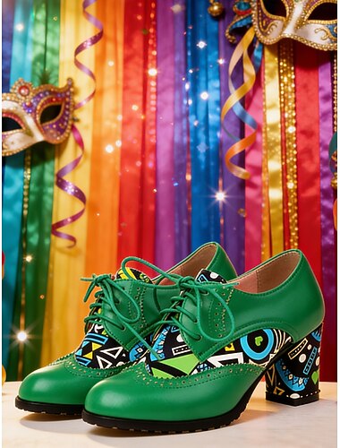  Vrouwen Mardi Gras Groene Veters Funky Patroon Hakken Oxford – Kleurrijke Carnavalstijl Perfect voor Festival Vieringen Leuke  Levendige Uiterlijk