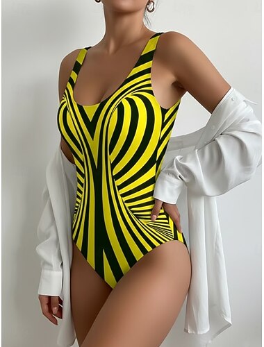  Damen Einteiler Badeanzug Figurformend Farbblock Slips Strandbekleidung Sommer Grafik Gestreift U Neck ärmellos Badeanzüge
