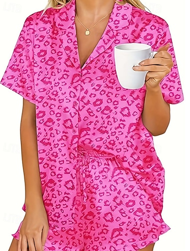  Dam Pyjamas Vardagsklädsel Pyjamas set Mode Ledigt Komfort Leopard Ren färg Knappen uppåt Lappverk Elastisk midja Shorts Dagligen Hem Semester Kortärmad Kavajslag Rosenröd Sommar Vår Lös passning