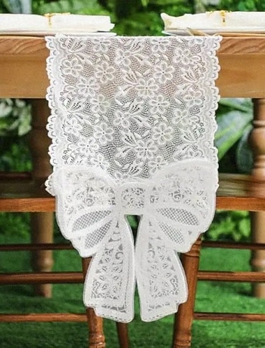  Nappe élégante en dentelle extensible blanche de style européen, ornée d'un nœud tricoté, idéale pour la Saint-Valentin, la saison des mariages, la salle à manger, une table basse, un meuble TV ou