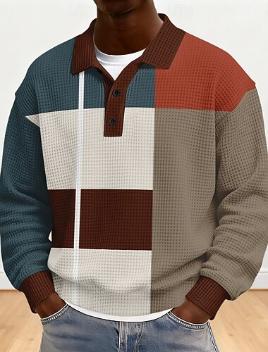  Ανδρικά Γεωμετρικό Συνδυασμός Χρωμάτων Βάφλα Πόλο Μπλουζάκια Μακρυμάνικο Μπλουζάκια πόλο Πέτο Αθλητικός Ρουχισμός Καθημερινό Σχολείο Ένδυση γυμναστικής και άθλησης Καθημερινά Ρούχα 3D εκτύπωση