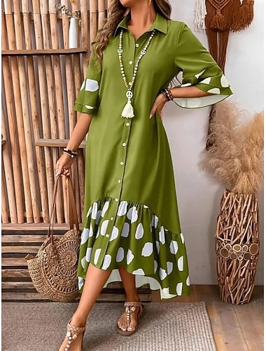  Per donna Abito Midi Abito a trapezio Abito Estivo Casual Quotidiano Vestibilità comoda Grafico Geometrico Manica 3/4 Bavero Nero Verde Grigio Estate