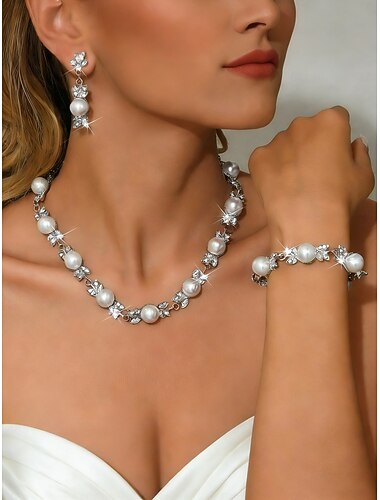  Women's Gold & Ivory Pearl Jewelry Set, Rhinestone Necklace Earrings Bracelet, Elegant Bridal Style for Wedding & Formal Events