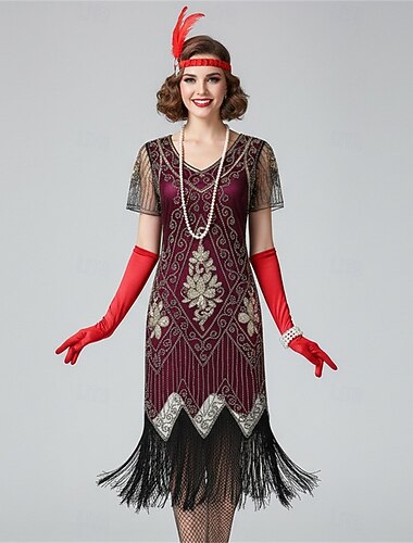  Set Goldene Zwanziger 1920er Flapper Kleid Cocktailkleid mit Zubehör Der große Gatsby Flapper-Mädchen Pailletten Quastenfransen Quastenfransen Pailletten Kostüm Damen Festkleidung Neujahr