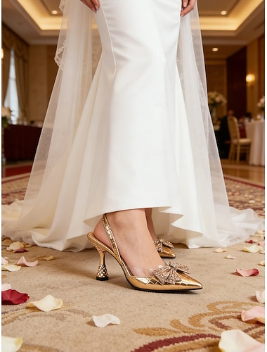  Femmes Chaussures à Talons Soirée Mariage en ville Talons Chaton Bout Pointu Sexy Cuir Microbien Mocassin Dorée