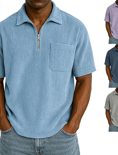  Herren Reißverschluss-Polo Textur Lässig Ferien Revers Viertelreißverschluss Kurzarm Mode Basic Einfach Texture Viertel Postleitzahl Warm Sommer Frühling Normale Passform Hellblau Armee-Grün Dunkel