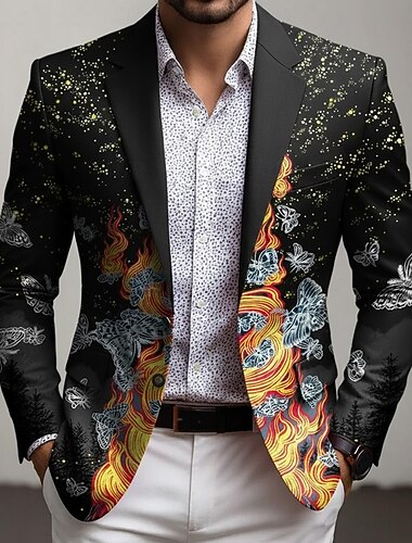  Homens Borboleta Jaqueta Blazer Casaco Confortável Respirável Artistíco Casual Casual Diário Festa Bolsos Impressão 3D Botões Todas as Estações Entalhe Manga Longa Azul Preto Vermelho