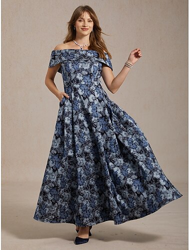  Damen Maxikleid Schulterfreies Kleid Trägerloses Kleid Elegant Abendgesellschaft Jacquard Blumen Ärmellos Schulterfrei Blau