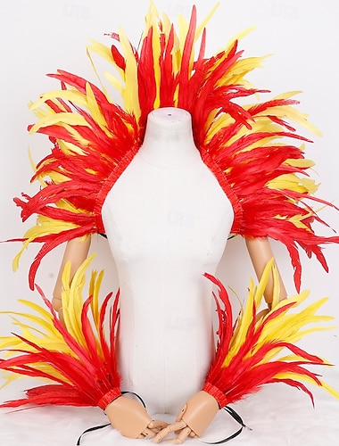  Karneval 2026 Rio Karneval Samba Tilbehør Karneval Rød og Gul Fjær Kostyme Sett Skulder Kappe  Armmansjetter Mardi Gras Danse Fest Antrekk Brasil Festival Performance Kostyme