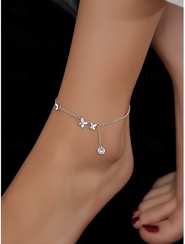  Damen-Fußkettchen aus silberfarbener Legierung in Schmetterlingsform – elegantes Blumendesign mit funkelnden Kristallverzierungen, perfekt für den Alltag