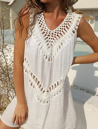 Damen Badeanzug Überwurf Badeanzugkleid Kleid Bademode Ausschnitt Urlaub Strandbekleidung Einfarbig V Ausschnitt Ärmellos Badeanzüge