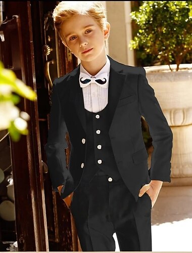  3-teiliger Ringträgeranzug, Jungen-Kinderanzug, Blazer &Weste &Anzughose für Jungen, formell, lässig, für Outdoor-Partys, modisch, cool, Basic, einfarbig, Taschen, Knöpfe, blau, schwarz, weiß,