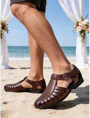  Sandales gladiateur marron pour hommes – design perforé élégant avec boucle réglable, confortables pour les mariages sur la plage et les activités estivales en plein air
