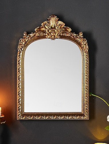  Decoratieve wandspiegel met gouden harsboog en kantmotief, Europese stijl, perfect als wanddecoratie, make-upspiegel of fotografieaccessoire.
