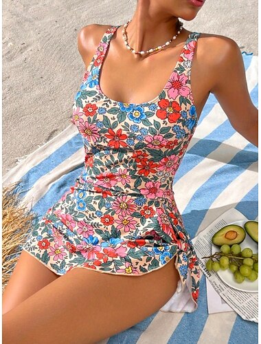  Kvinnors enstyckad baddräkt monokini kjol midjekontroll hög midja smal rygglös semester vintage blommig grafisk U-hals ärmlös baddräkt