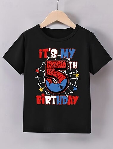  Unisex Jungen 3D Grafik Spinne Es ist mein 5. Geburtstag T-Shirt Kurzarm 3D-Druck Sommer Frühling Sport Mode Streetwear Kinder 4-12 Jahre Rundhalsausschnitt Lässig Täglich Outdoor Normale Passform