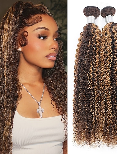  2 bundels haarextensies met highlights p4/27, bundels van echt mensenhaar met krullende golven, 10-28 inch